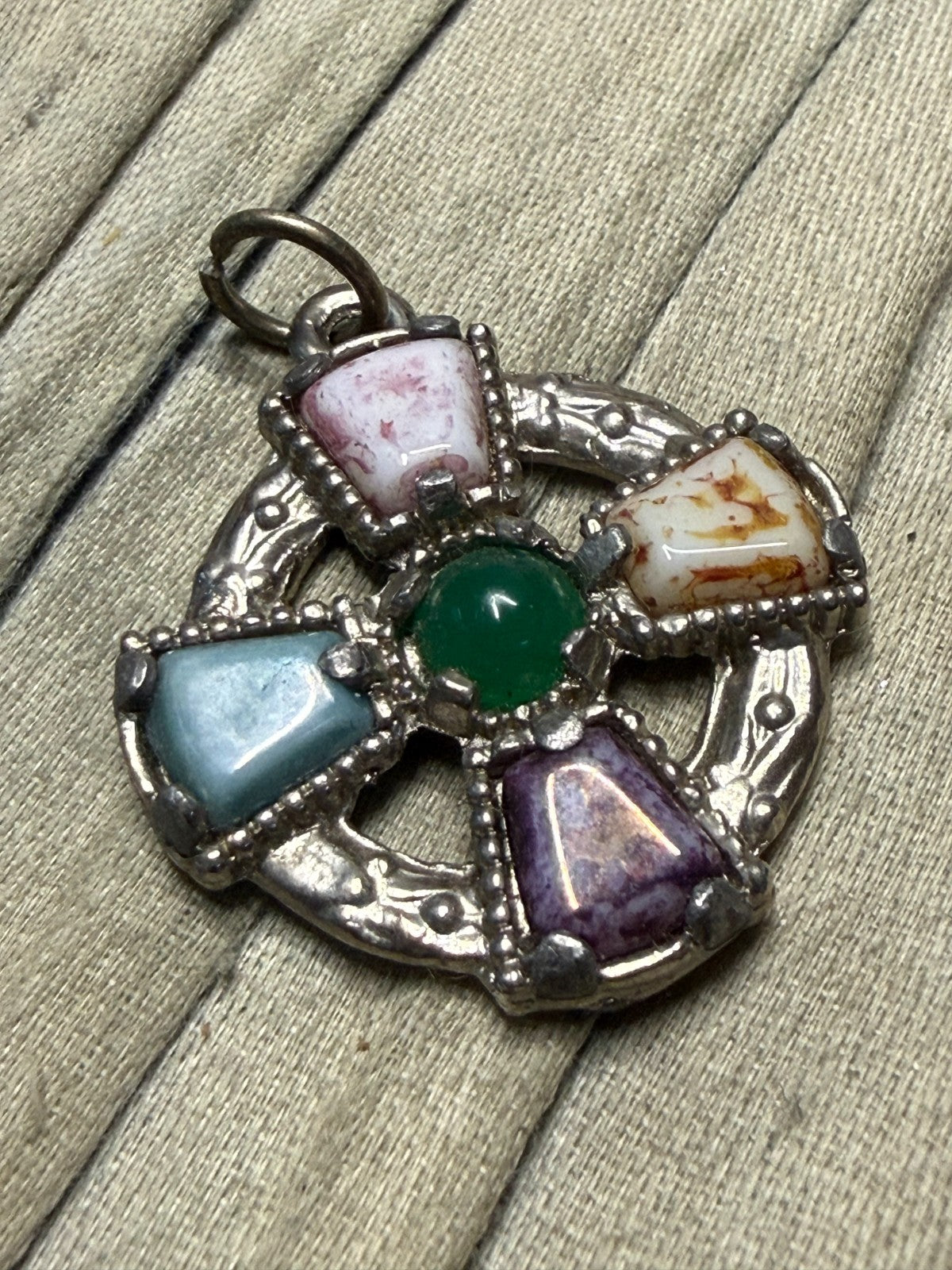 Vintage Celtic Cross Pendant Silver Tone Faux Agate Pebble Glass Colourful