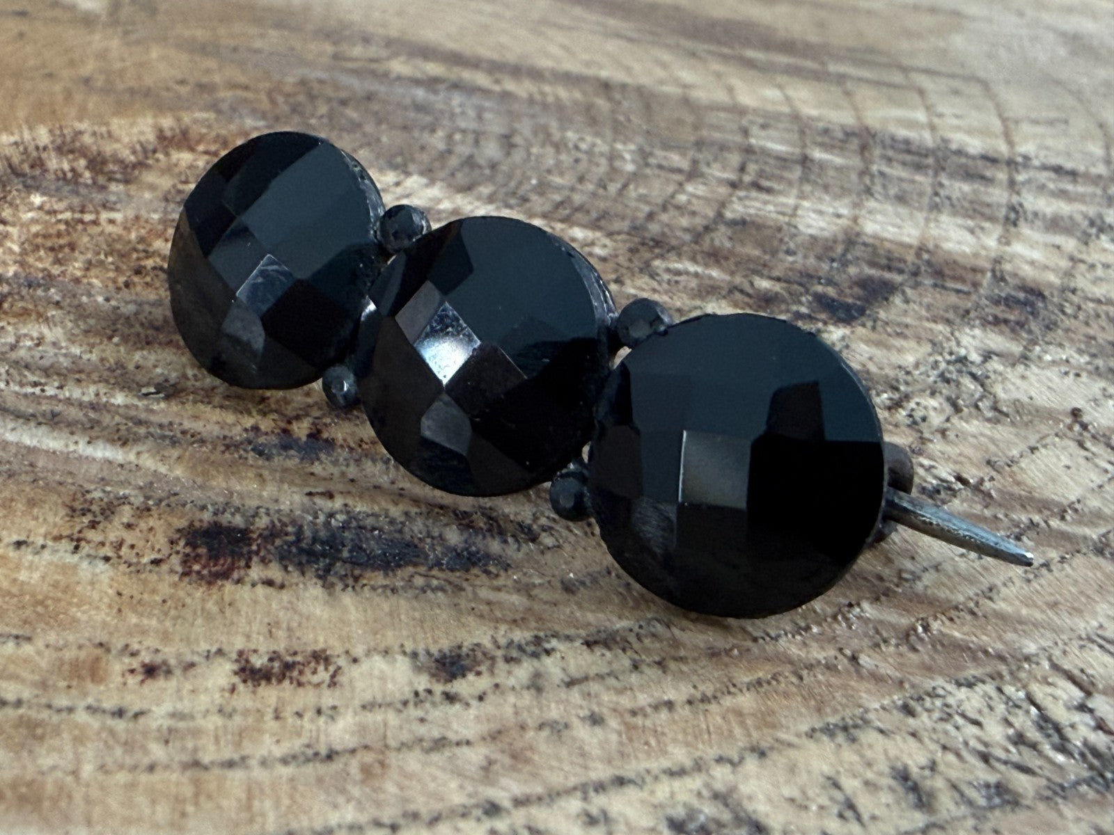 Antique Victorian French Jet Bar Brooch Black Glass Three Stone Round Mourning