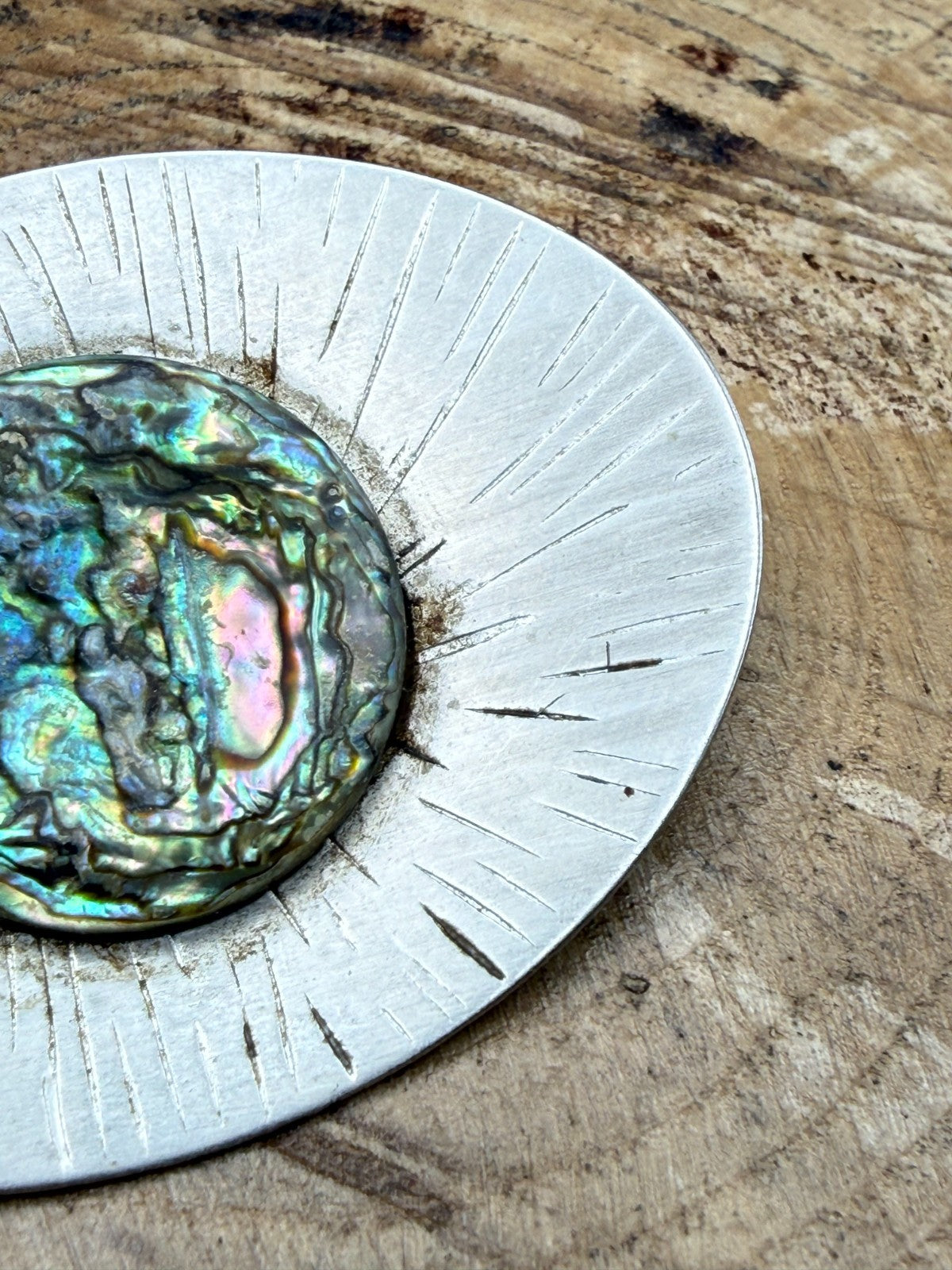 Vintage Modernist Brooch Stainless Steel Peak Sunburst Abalone Shell Pin