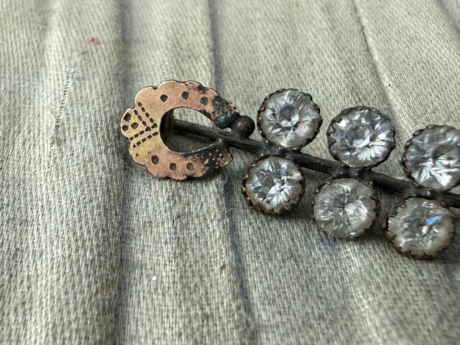 Antique Edwardian Paste Bar Brooch Lucky Horseshoe Pin Rose Gold Rhinestone