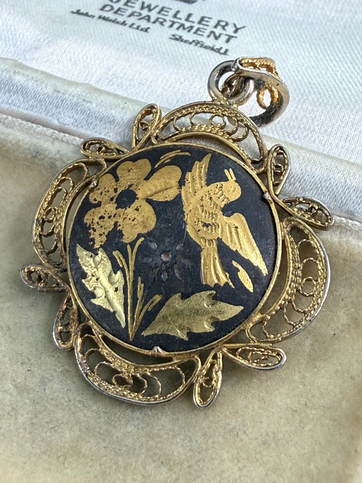 Vintage Damascene Pendant Gold Tone Filigree Bird Floral Spanish Toledo