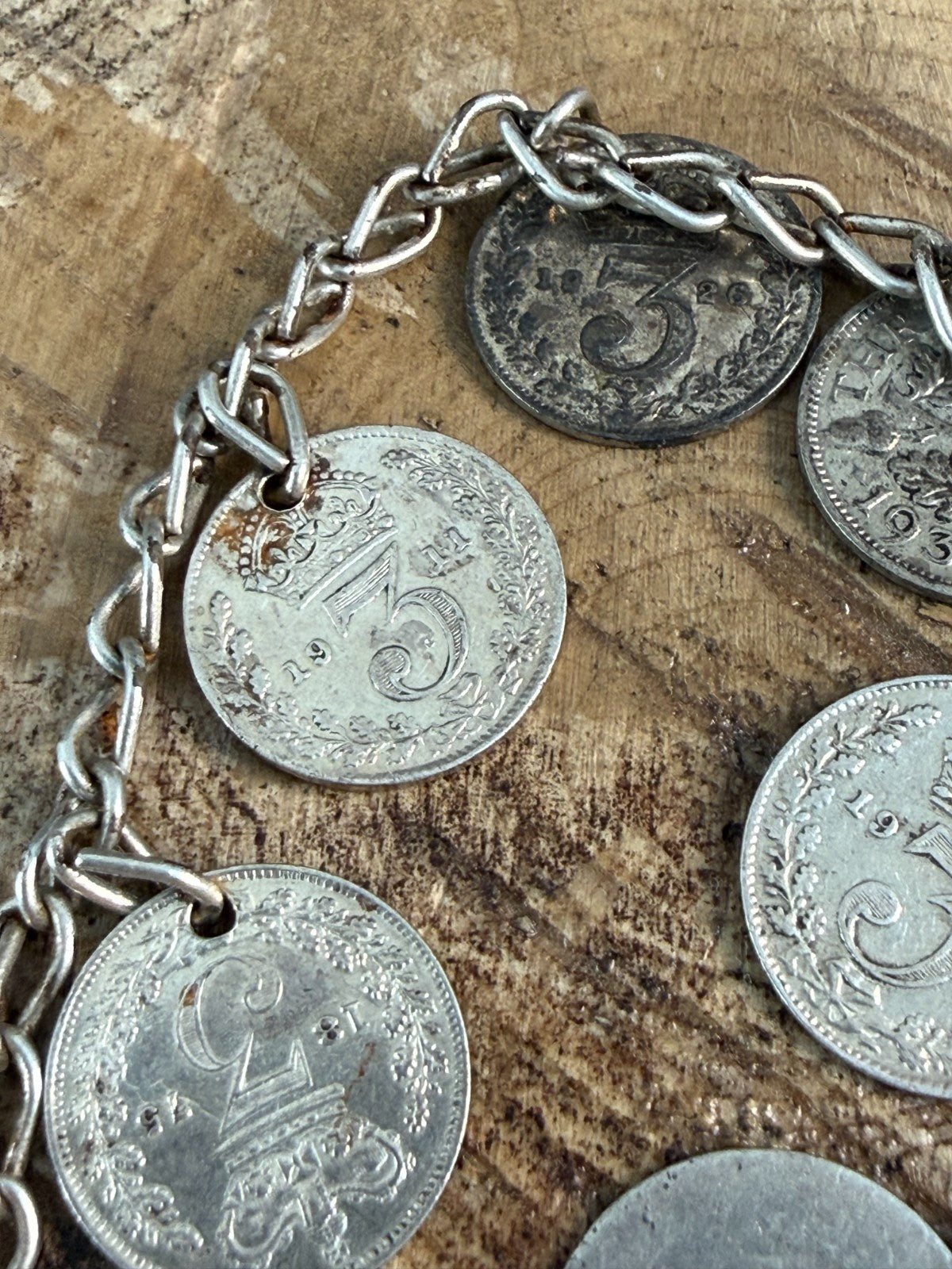 Antique Victorian George V Silver Threepenny Bit Coin Charm Bracelet 1867-1935