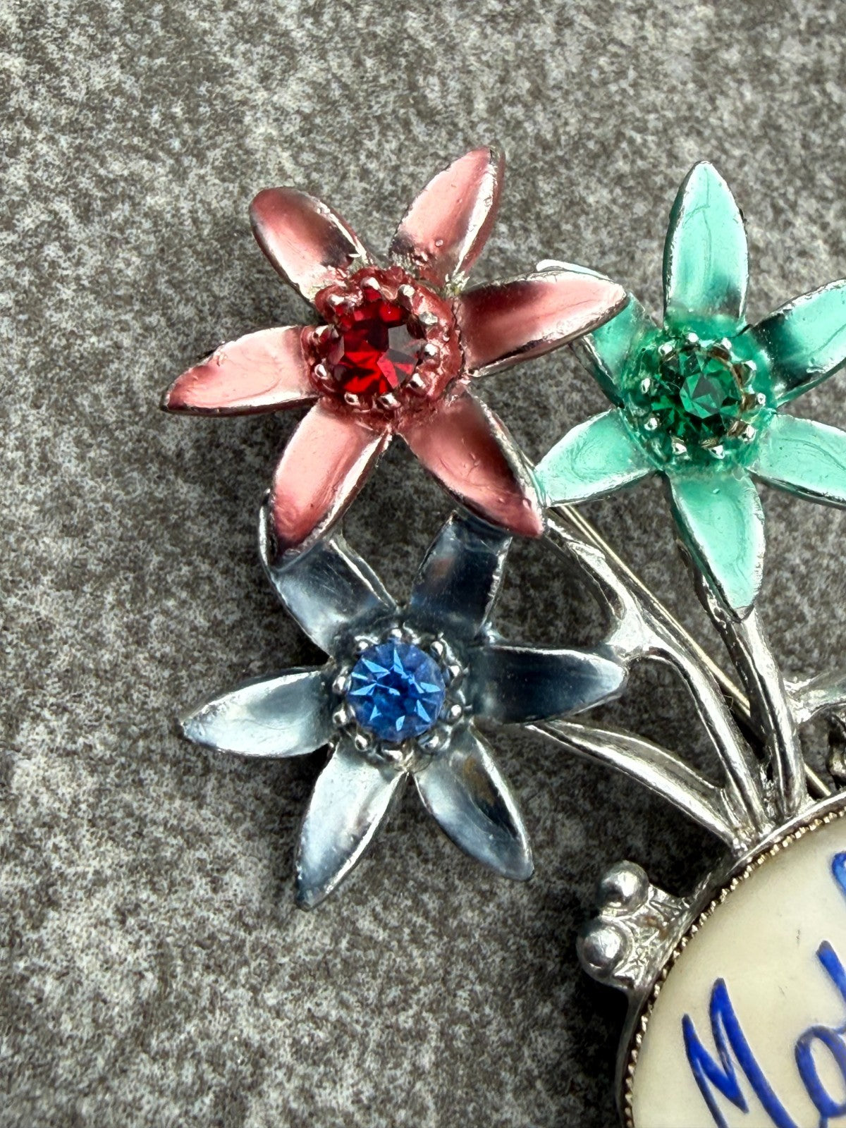 Vintage Mother Brooch Silver Tone Flower Pin Grandmother Mum Mom Colourful