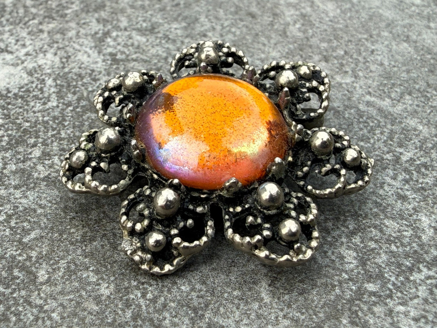 Vintage Flower Brooch Silver Tone Orange Foil Backed Glass Cabochon Floral Pin