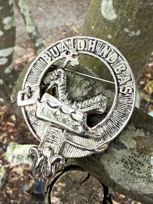 Vintage Clan MacDougall Brooch Silver Tone Scottish Buaich No Bas Motto Badge