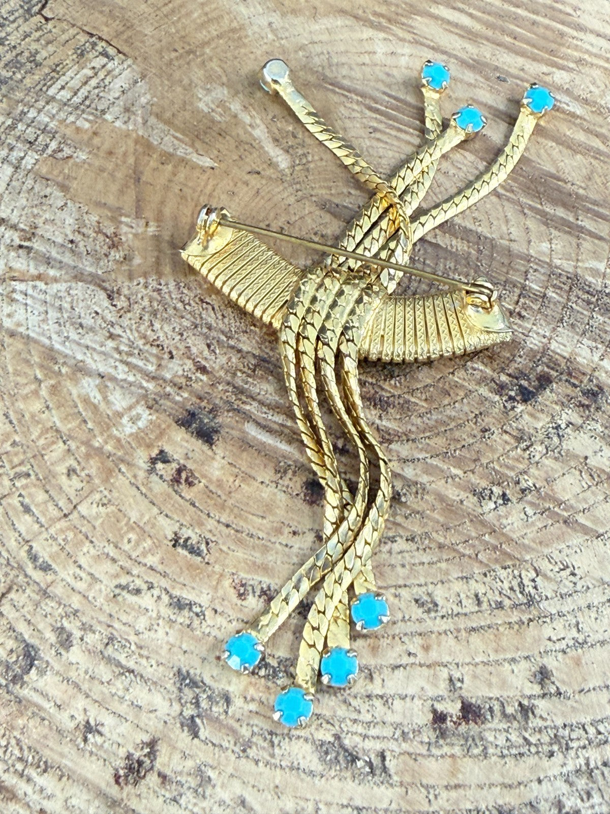 Vintage Gold Tone Snake Chain Tassel Brooch Turquoise Glass Tipped Ends Pin