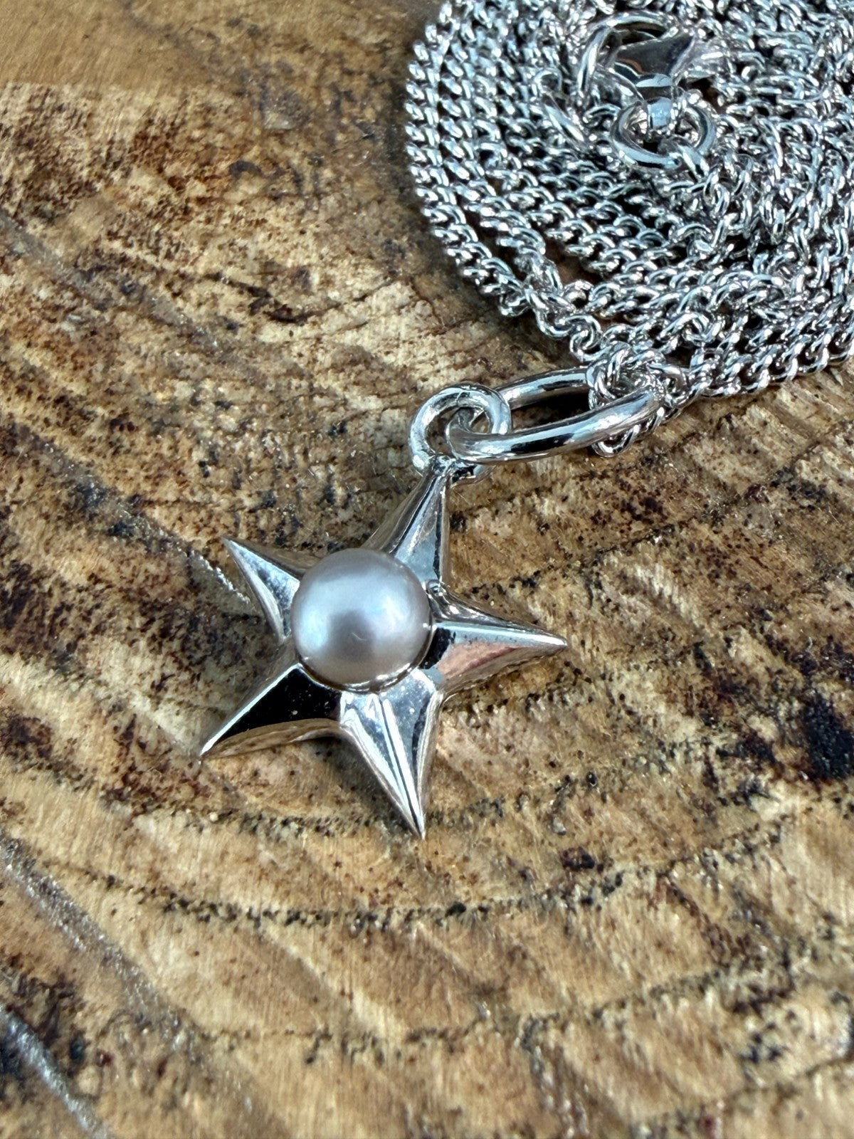 Sterling Silver 925 Star Pearl Pendant Necklace Curb Chain 52cm CB Mark