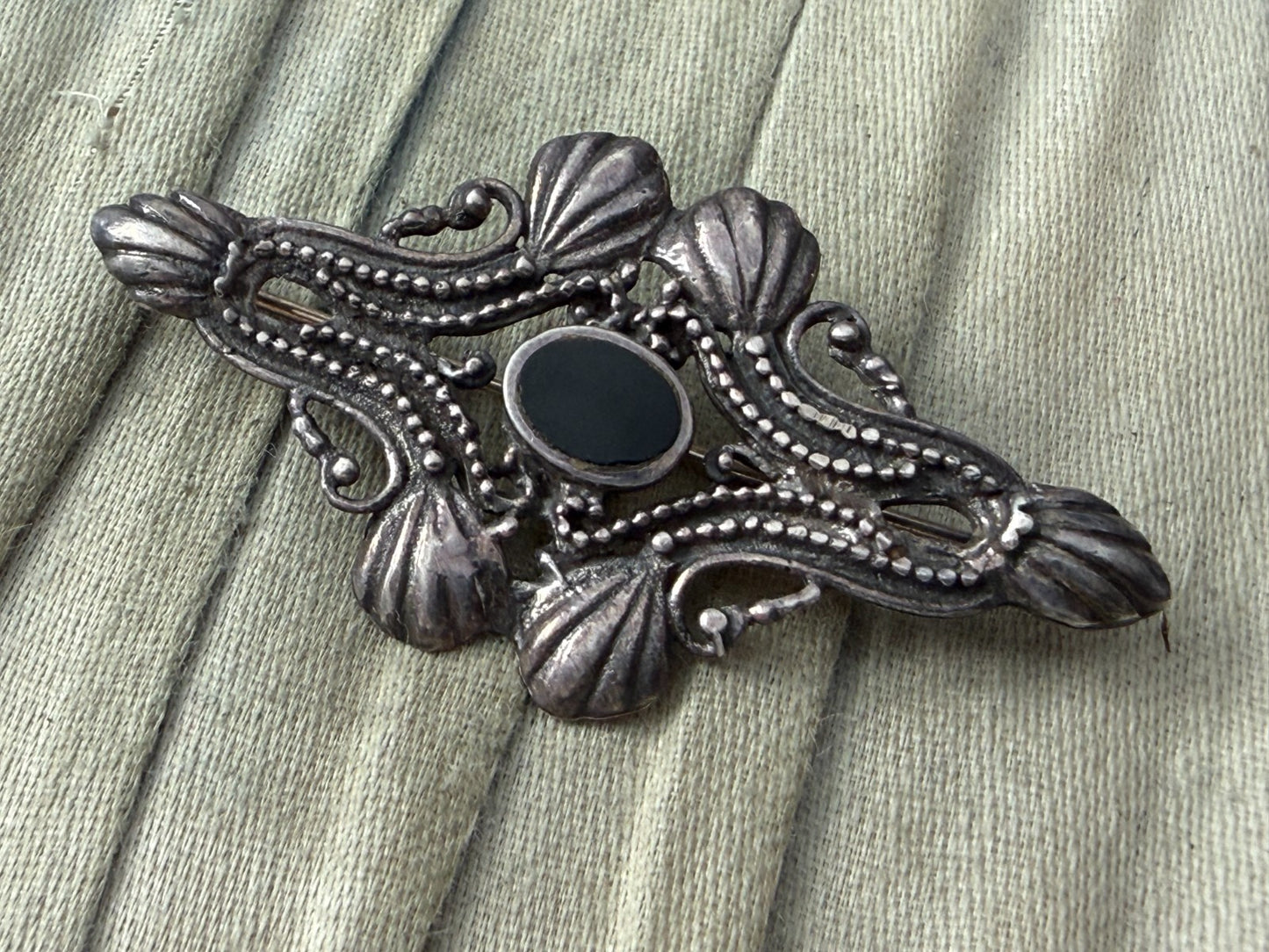 Vintage Silver Brooch Black Onyx Art Nouveau Revival Beaded Scrollwork Pin