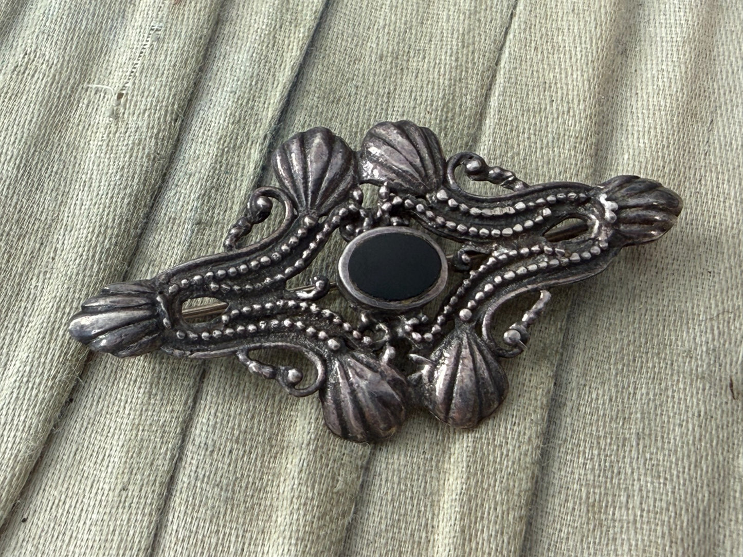 Vintage Silver Brooch Black Onyx Art Nouveau Revival Beaded Scrollwork Pin