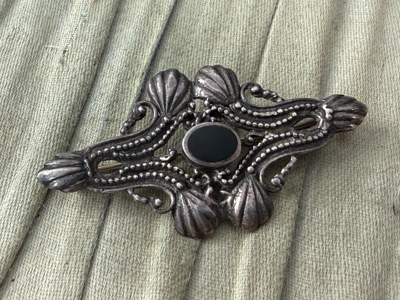 Vintage Silver Brooch Black Onyx Art Nouveau Revival Beaded Scrollwork Pin