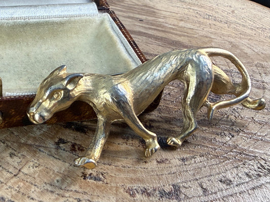 Vintage Big Cat Brooch Gold Tone Prowling Panther Pin Puma Lion Statement