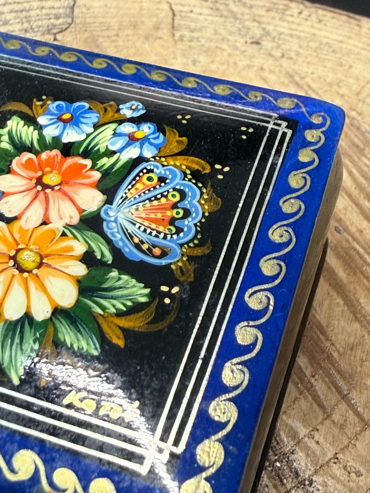 Vintage Russian Lacquered Trinket Box Hand Painted Floral Flowers Square Blue