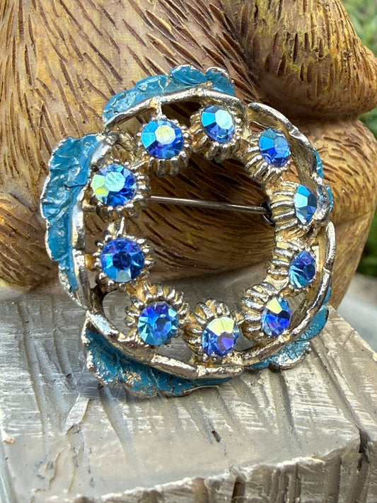 Vintage Wreath Brooch Silver Tone Blue Aurora Borealis Rhinestone Sparkly Pin