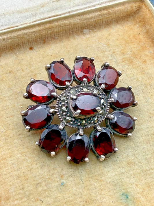 Vintage Sterling Silver Red Garnet Brooch Marcasite Flowerhead Cluster Pin