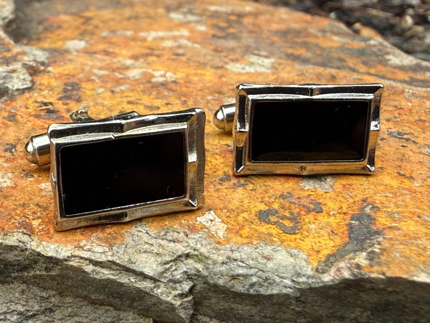 Vintage Black Glass Panel Cufflinks Pale Tone Fancy Retro Mens Gents