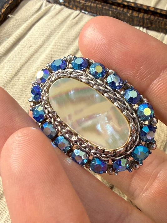 Vintage Sparkly Sphinx Brooch Pin Mother of Pearl Silver Tone Blue AB Rhinestone