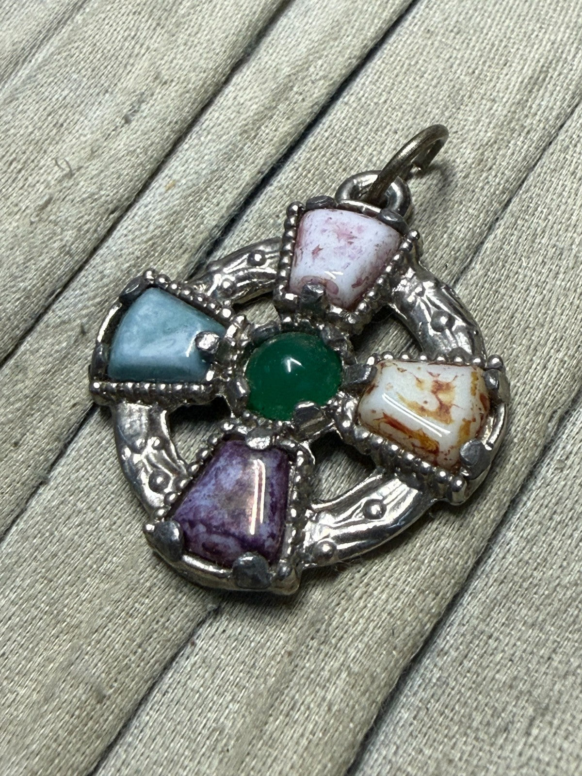 Vintage Celtic Cross Pendant Silver Tone Faux Agate Pebble Glass Colourful