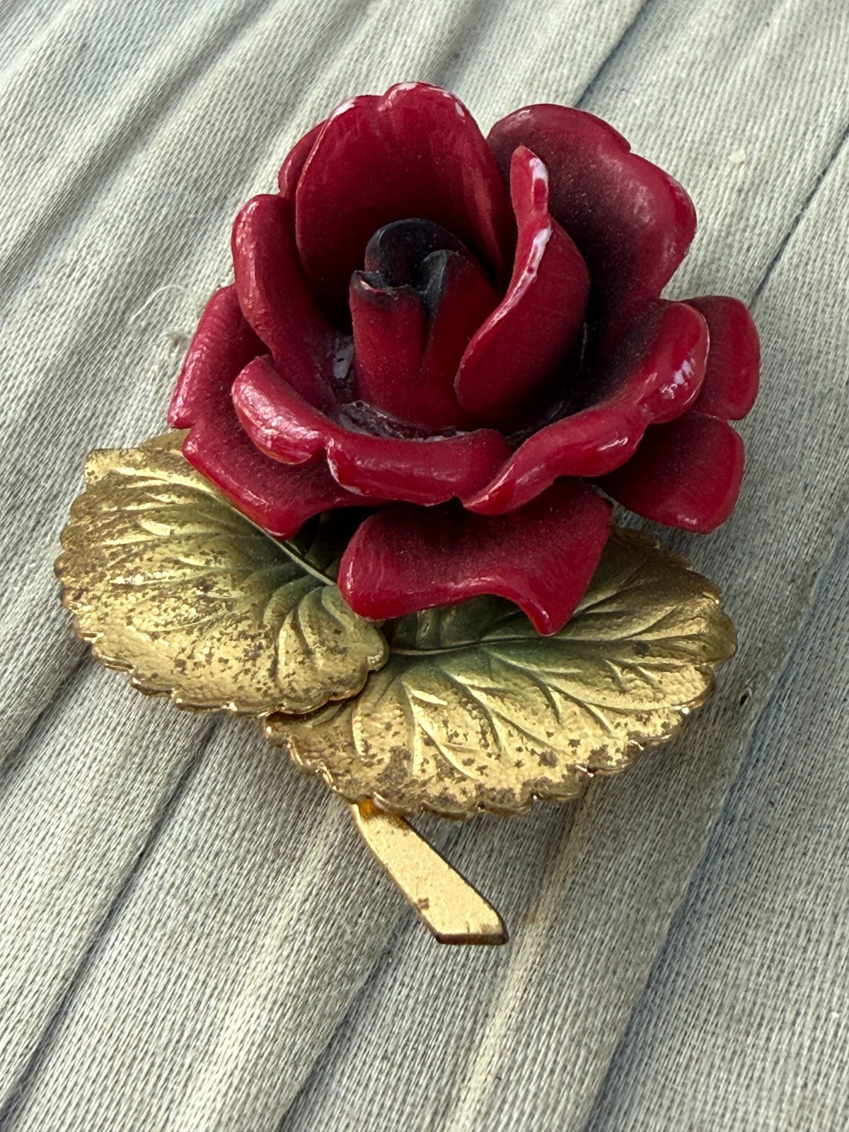 Vintage Red Rose Brooch Gold Tone Leaf Base Painted Plastic Floral 1970s 1980s