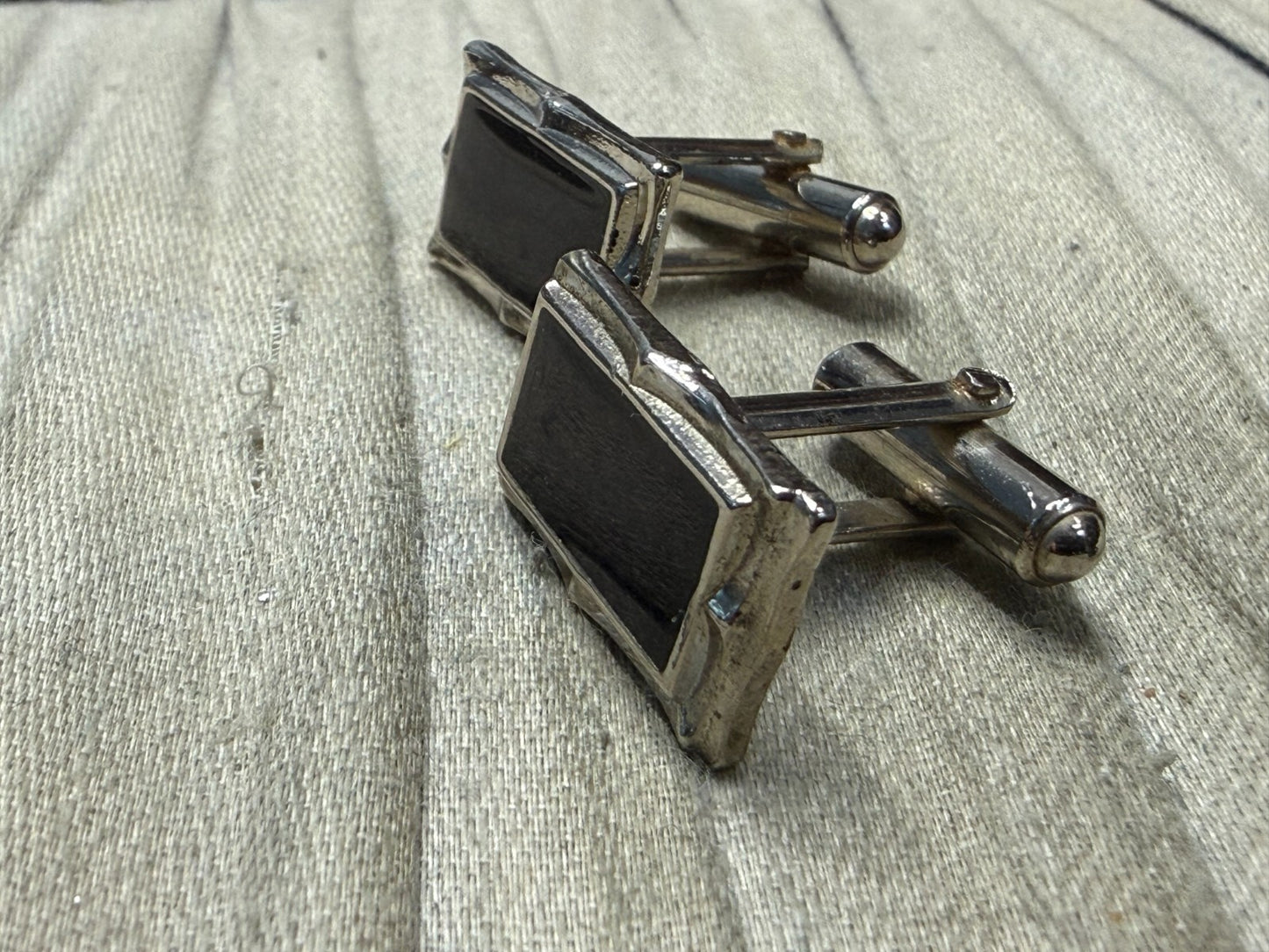Vintage Black Glass Panel Cufflinks Pale Tone Fancy Retro Mens Gents
