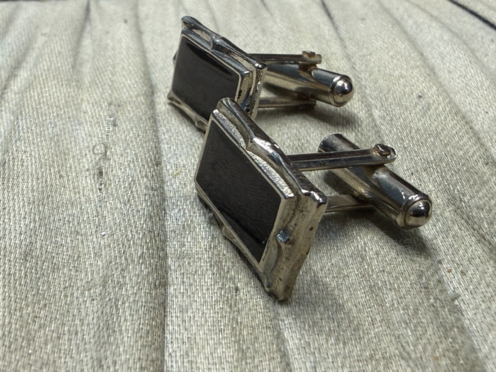 Vintage Black Glass Panel Cufflinks Pale Tone Fancy Retro Mens Gents