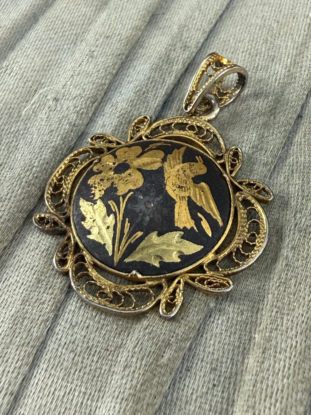 Vintage Damascene Pendant Gold Tone Filigree Bird Floral Spanish Toledo