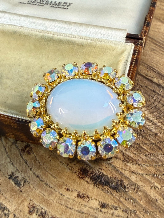 Vintage Aurora Borealis Rhinestone Brooch Gold Tone Pin Opaline Glass Cabochon