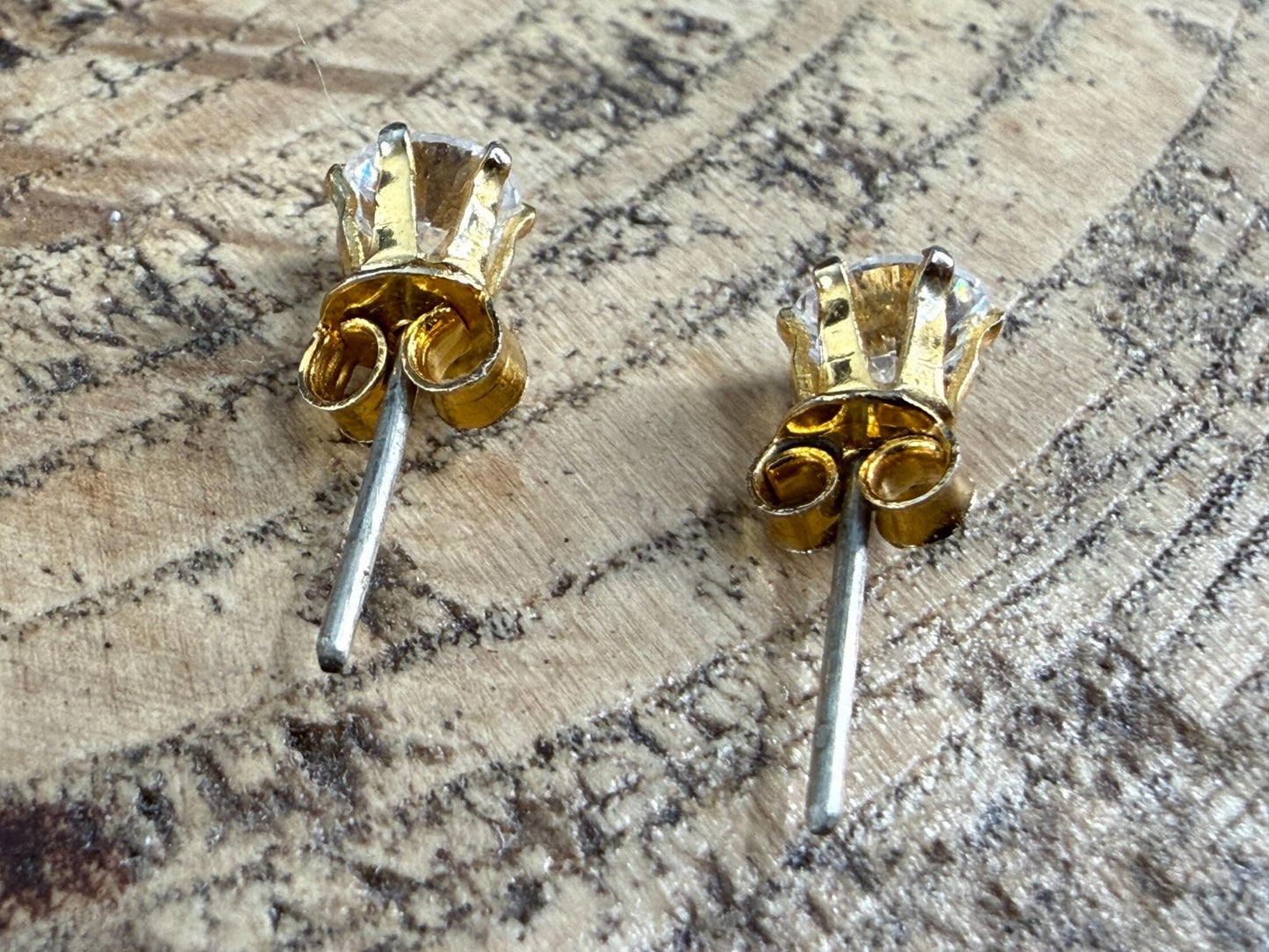 Vintage Goshenite Stud Earrings Gold Tone Round Brilliant Cut White Beryl Studs