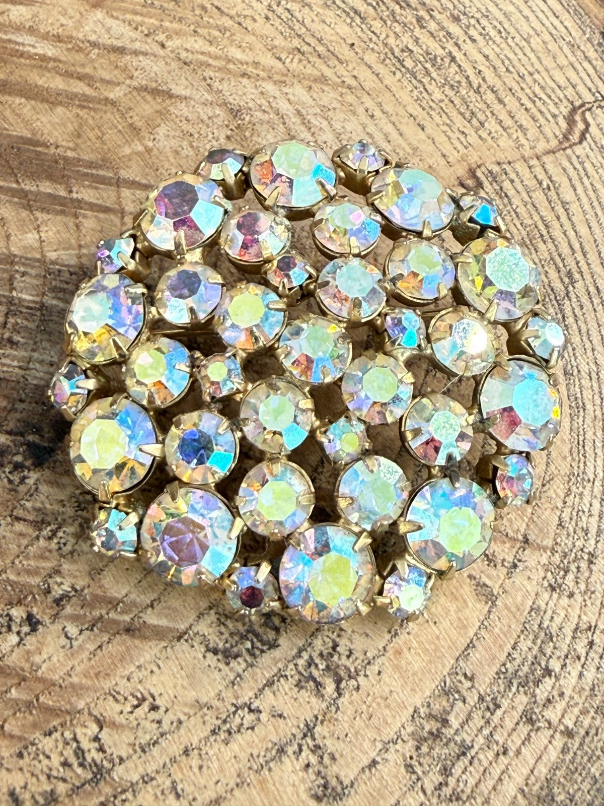Vintage Aurora Borealis Rhinestone Brooch Cluster Gold Tone Pin 1950s 1960s