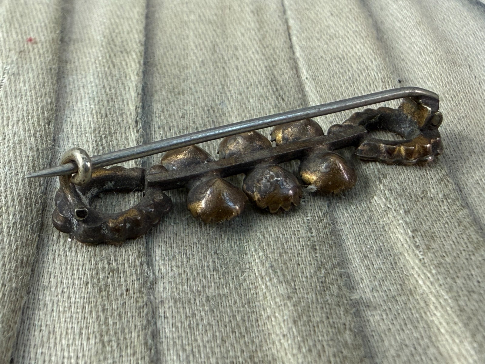 Antique Edwardian Paste Bar Brooch Lucky Horseshoe Pin Rose Gold Rhinestone