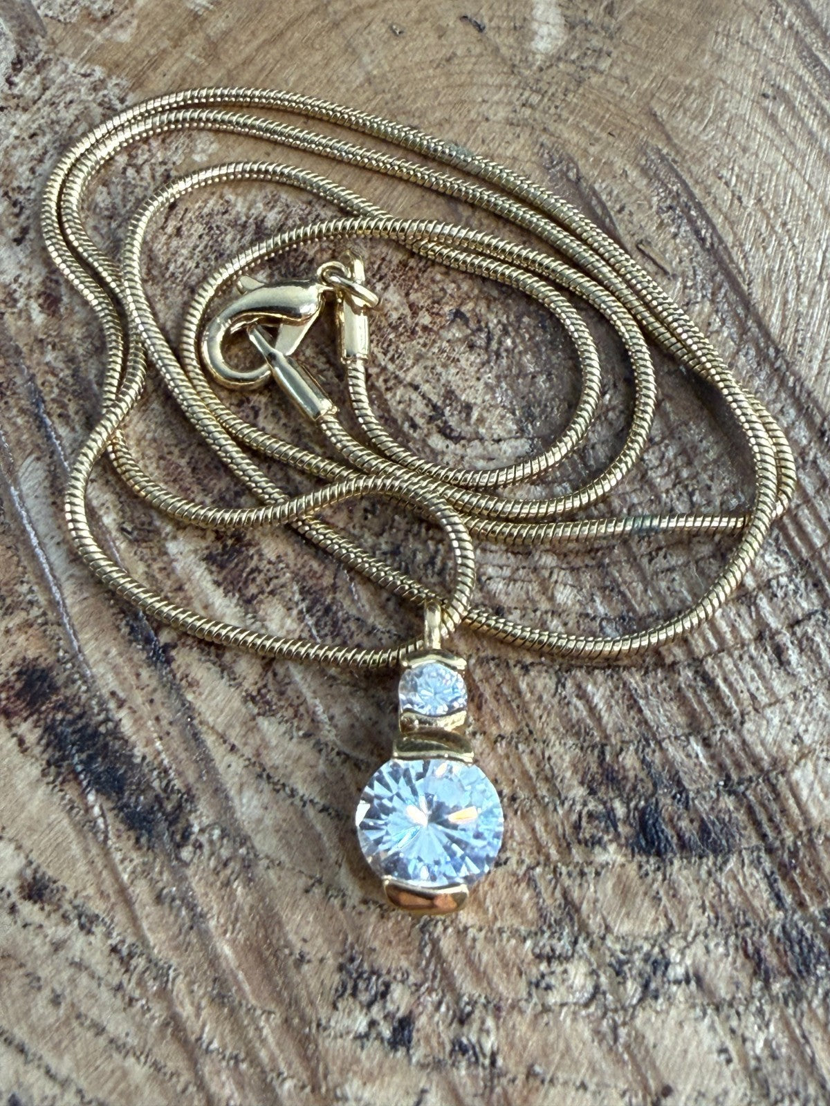 Vintage Gold Tone Goshenite Beryl Double Stone Pendant Snake Chain Necklace 45cm