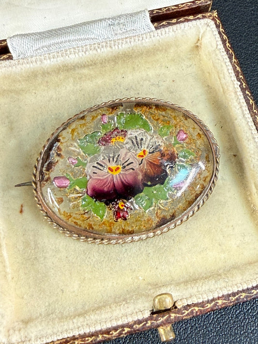 Antique Goofus Glass Pansy Brooch Floral Oval Gold Tone Painted Victorian