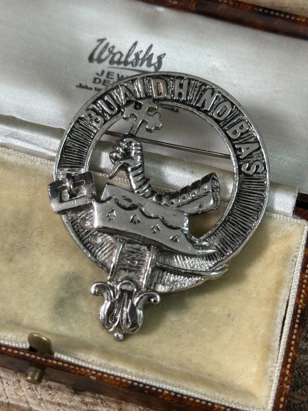 Vintage Clan MacDougall Brooch Silver Tone Scottish Buaich No Bas Motto Badge