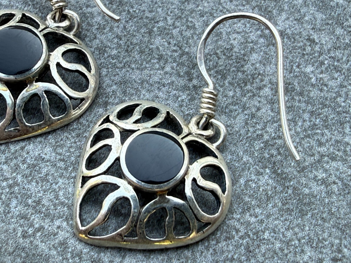 Sterling Silver Heart Earrings Black Onyx Drop Dangle Openwork Love Anniversary