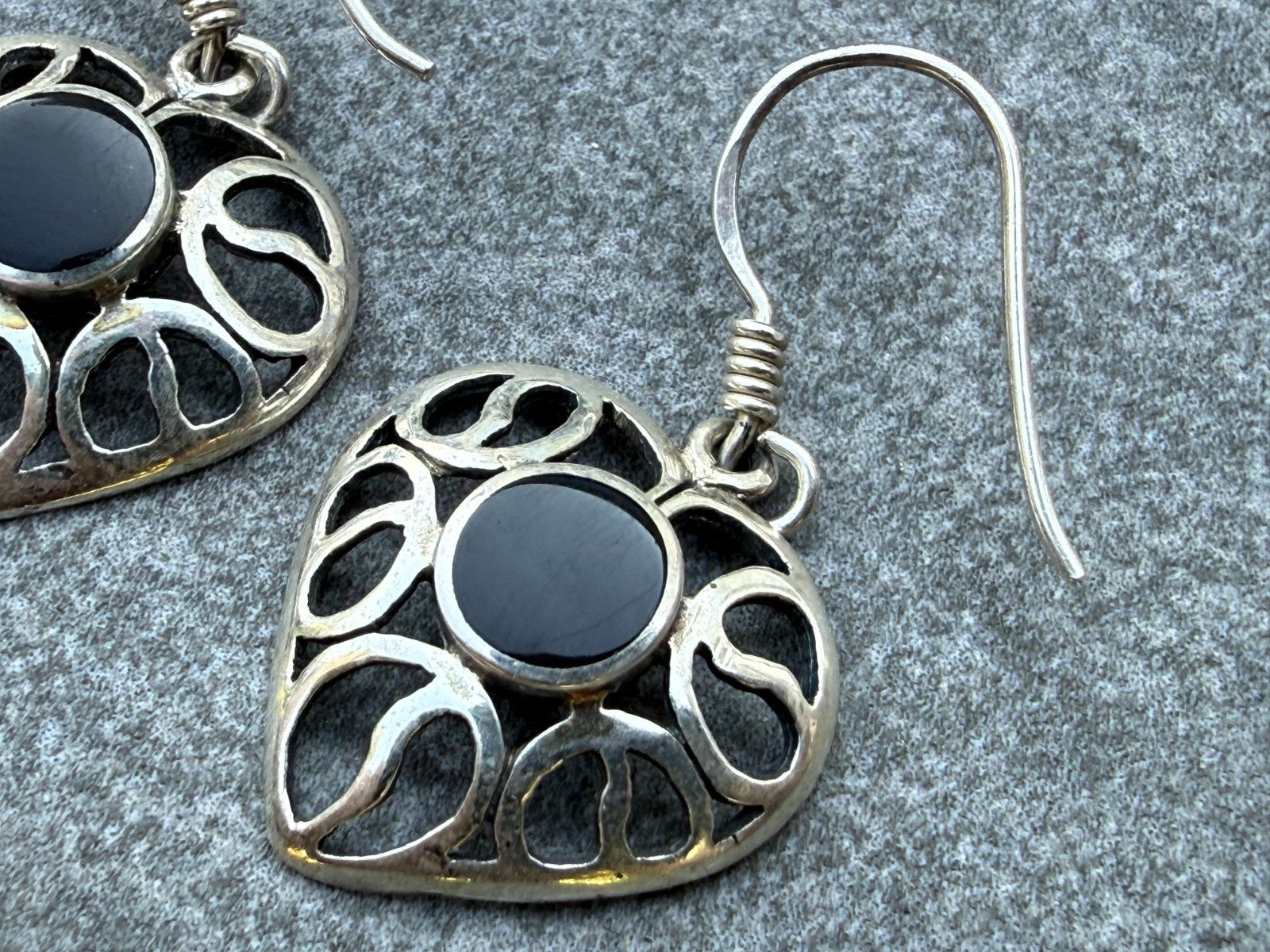 Sterling Silver Heart Earrings Black Onyx Drop Dangle Openwork Love Anniversary