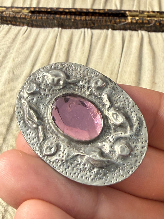 Vintage Ruskin Style Oval Brooch Arts & Crafts Pewter Purple Glass Oval Pin