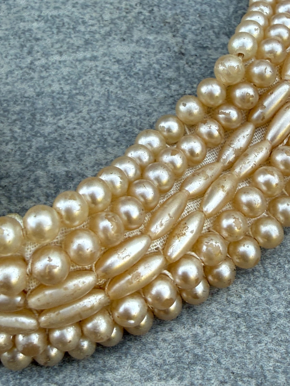 Vintage Cream Faux Pearl Flapper Necklace Collar Bib Style Fabric Mid Century