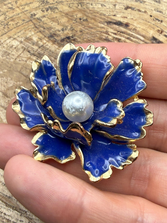 Vintage Blue Enamel Flower Brooch Ruffled Gold Tone Paeony Pin Faux Pearl