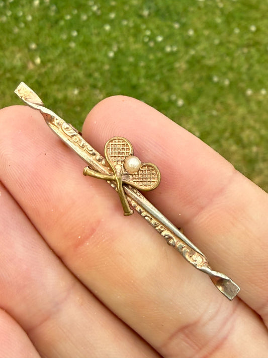 Antique Tennis Bar Brooch Rose Gold Tone Faux Pearl Sports Racquet Padel Gift