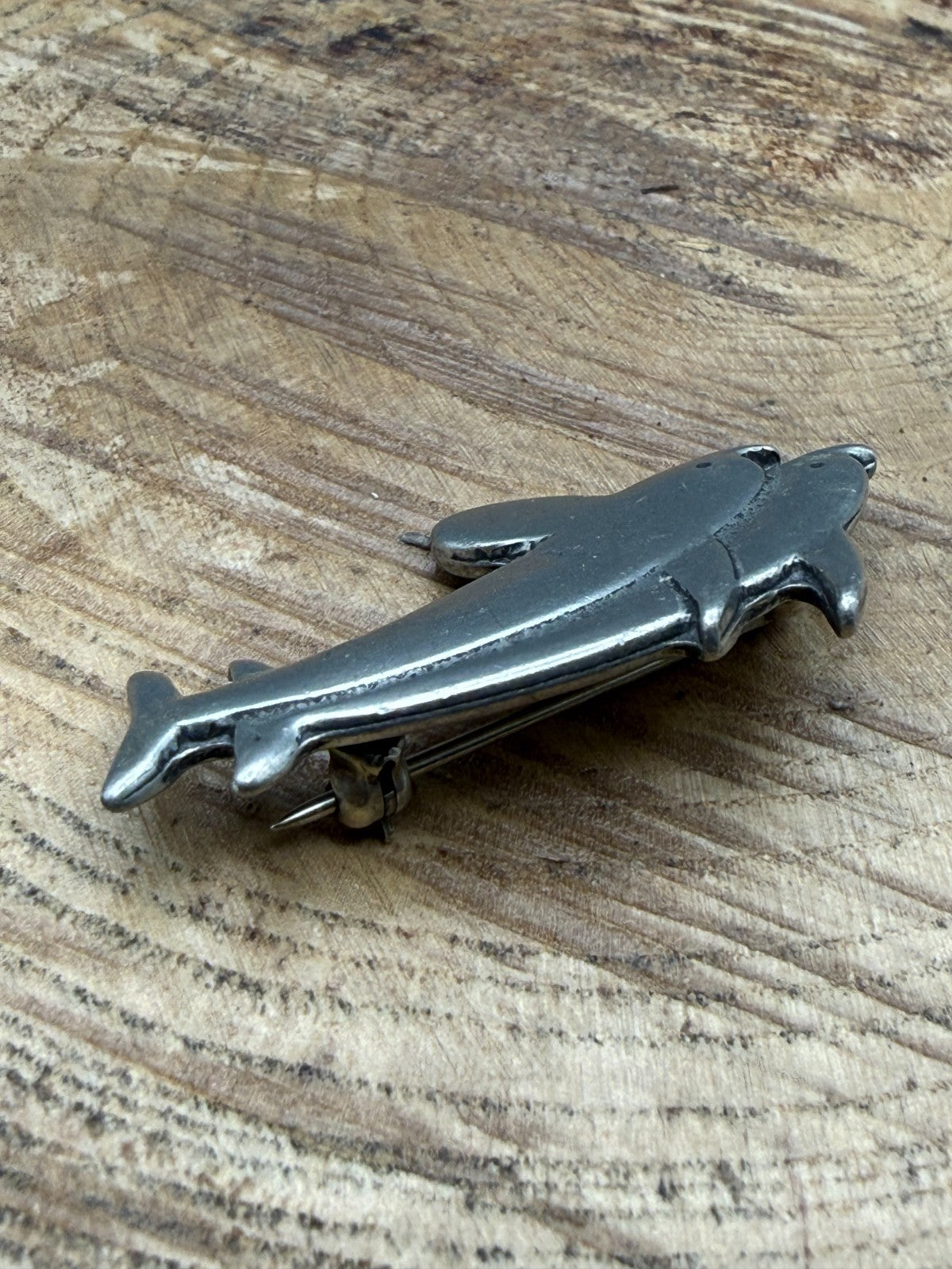 Vintage Pewter Dolphin Brooch Pin Silver Tone Pin Sealife Pair Animal Jumping