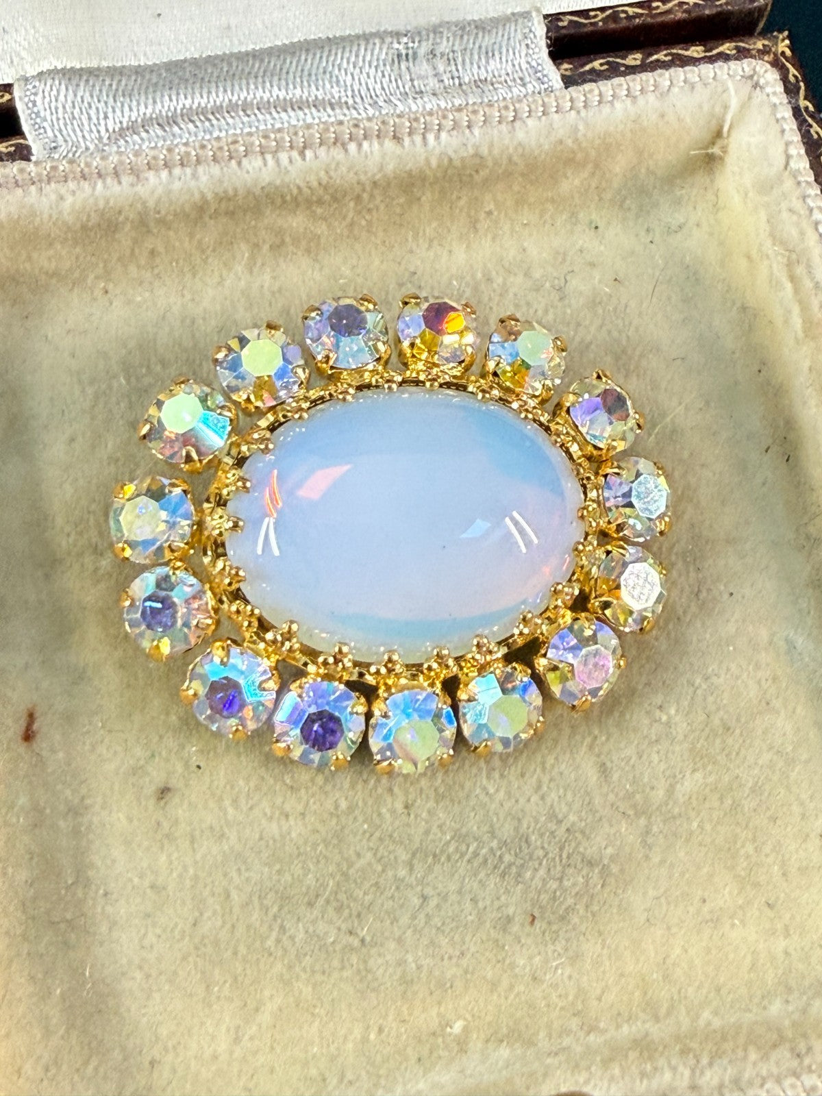 Vintage Aurora Borealis Rhinestone Brooch Gold Tone Pin Opaline Glass Cabochon