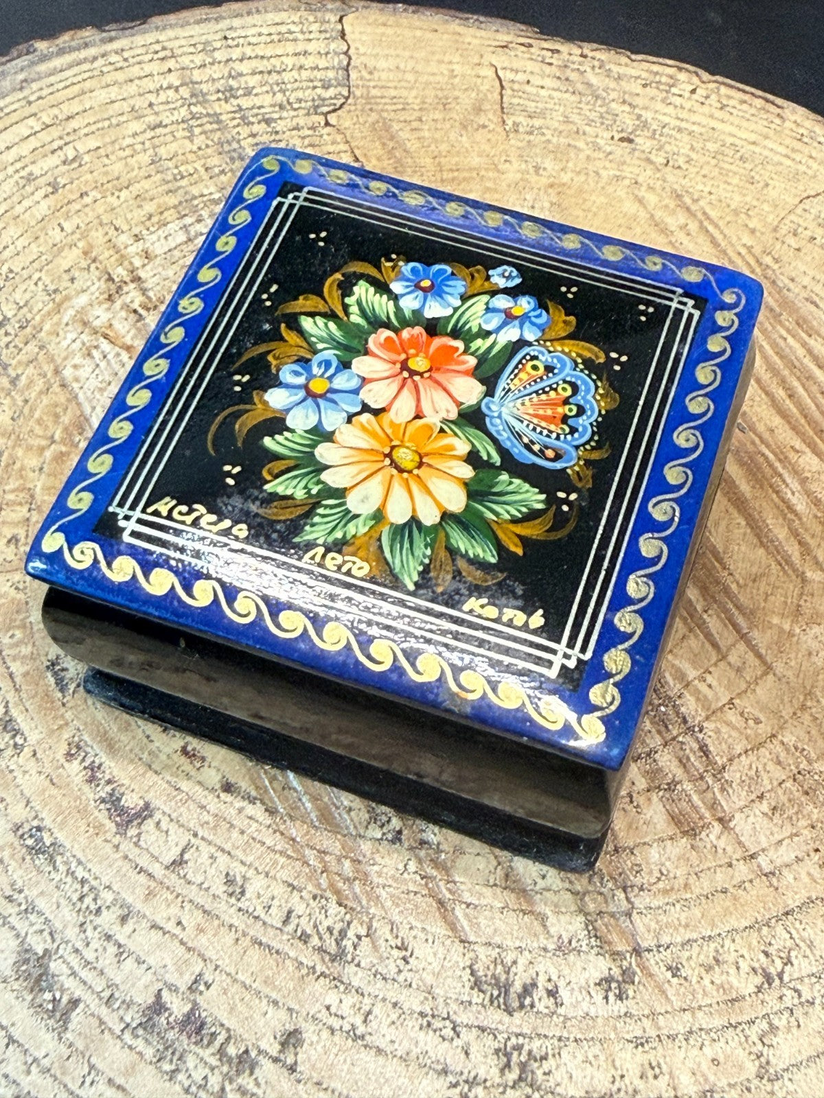 Vintage Russian Lacquered Trinket Box Hand Painted Floral Flowers Square Blue