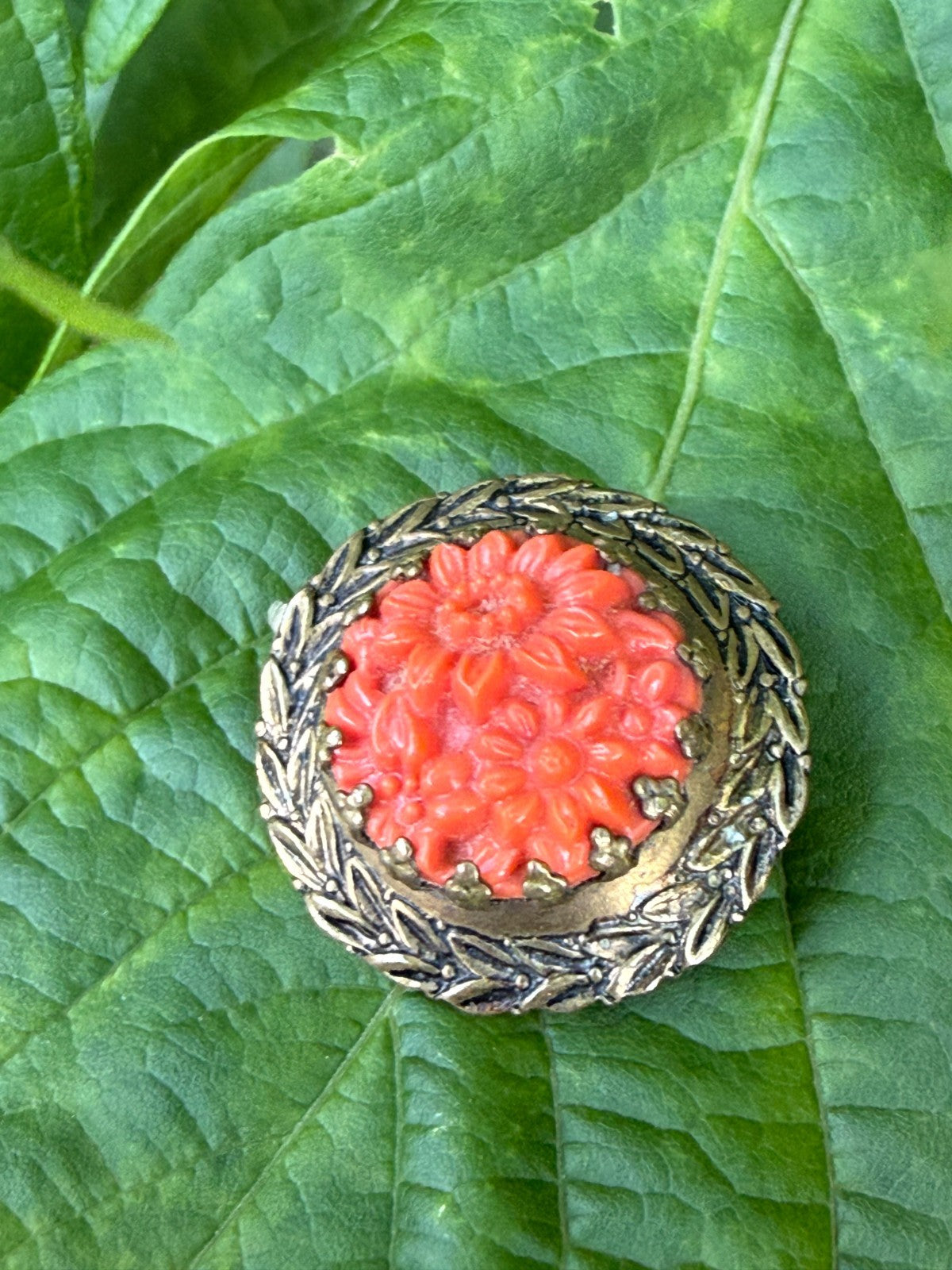 Antique Art Deco Brooch Red Celluloid Floral Pin Faux Coral Gold Tone Lapel