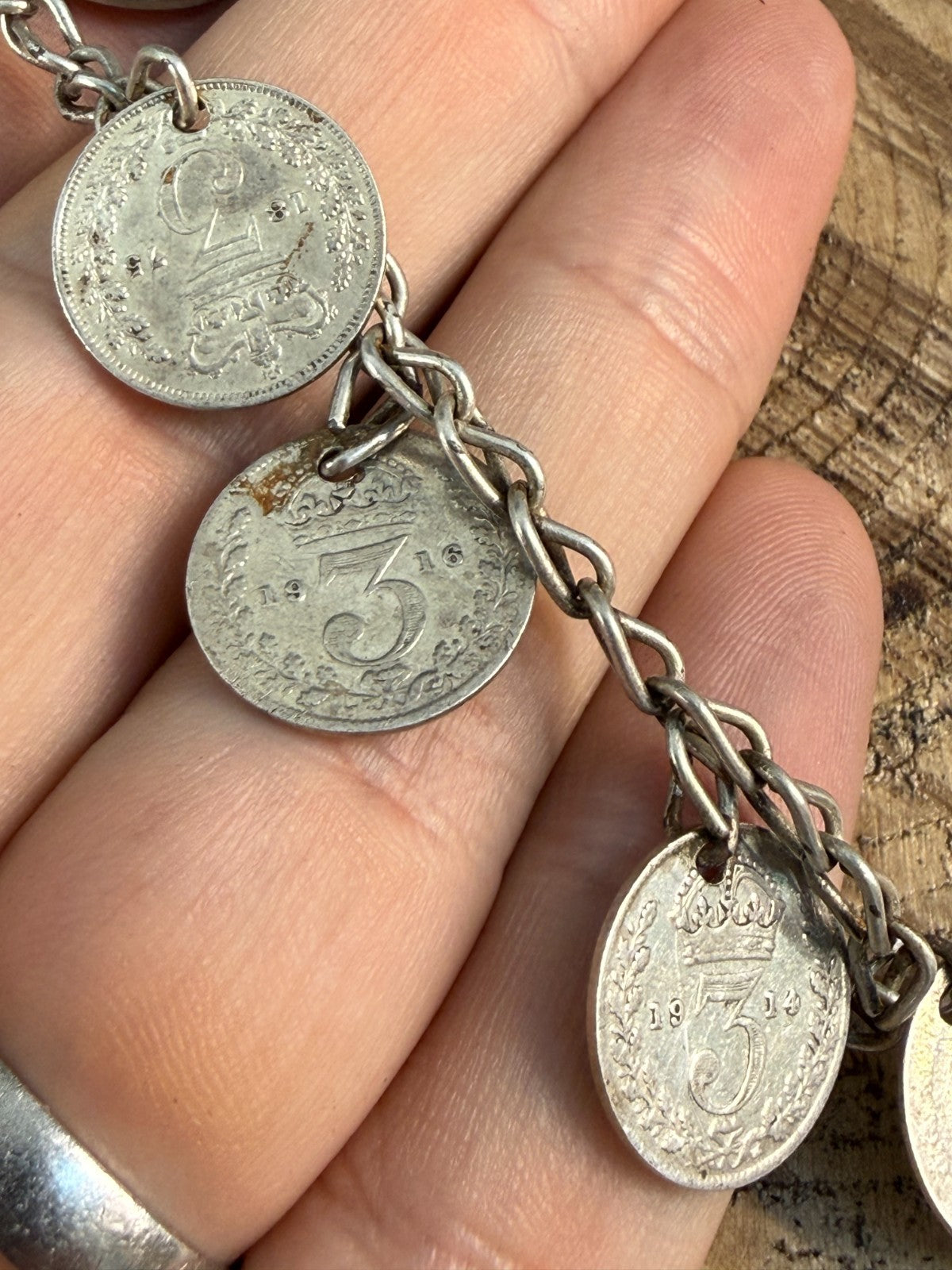 Antique Victorian George V Silver Threepenny Bit Coin Charm Bracelet 1867-1935