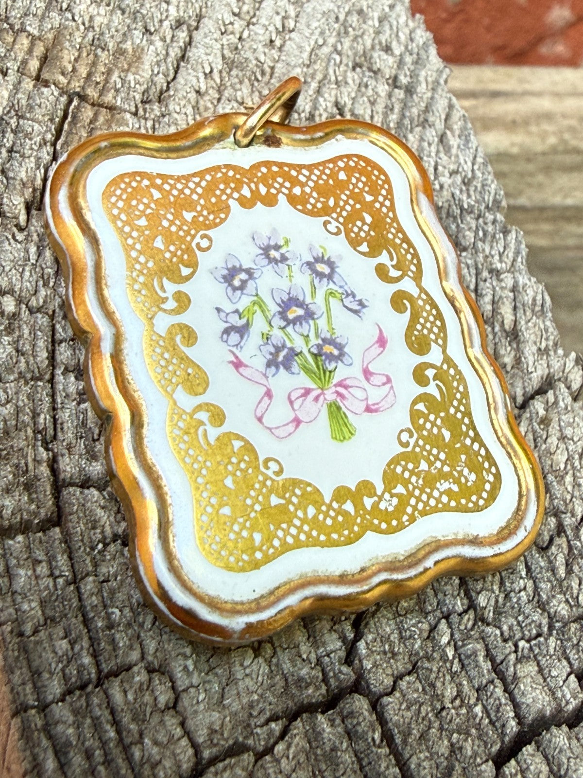 Franklin Mint 'Victorian Valentine' Pendant 24ct Gold Plated Porcelain Floral