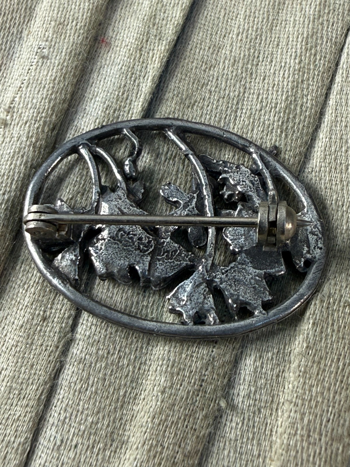 Vintage MASJ Silver Scenes Floral Brooch Pin Plated Pewter Oval Flower Geranium