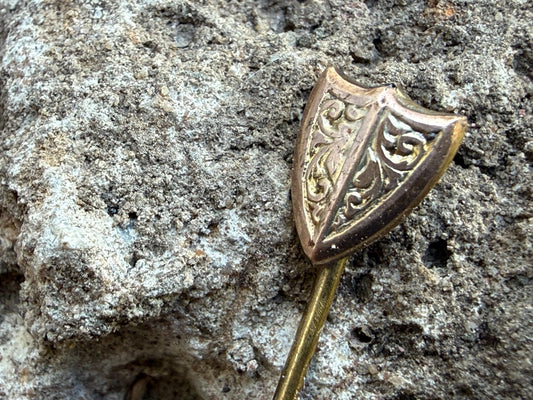 Antique Shield Stick Pin Lapel Tie Cravat Medieval Victorian 1800s Gilt Gold