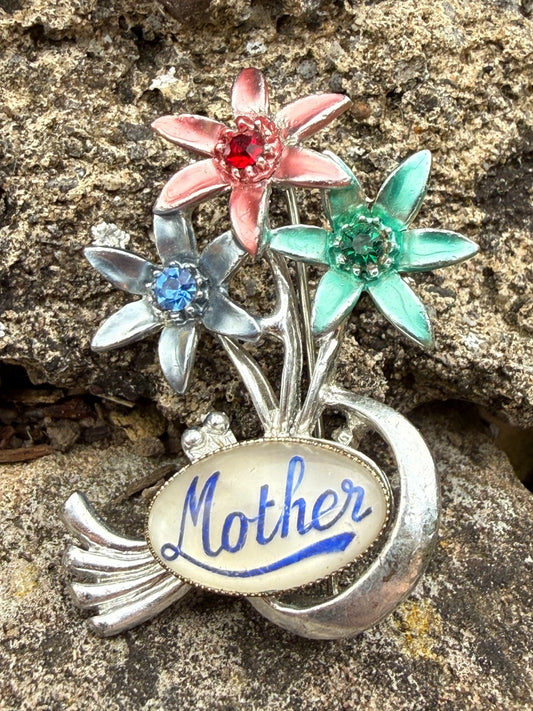 Vintage Mother Brooch Silver Tone Flower Pin Grandmother Mum Mom Colourful