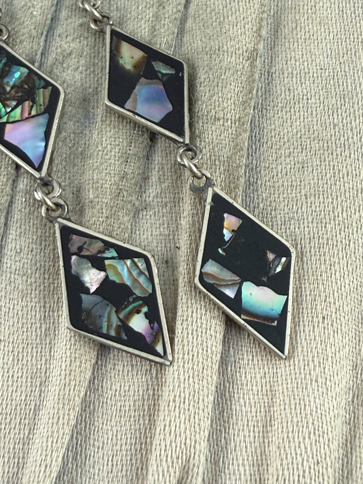 Vintage Silver Tone Abalone Shell Mosaic Drop Earrings Black Diamond Dangle
