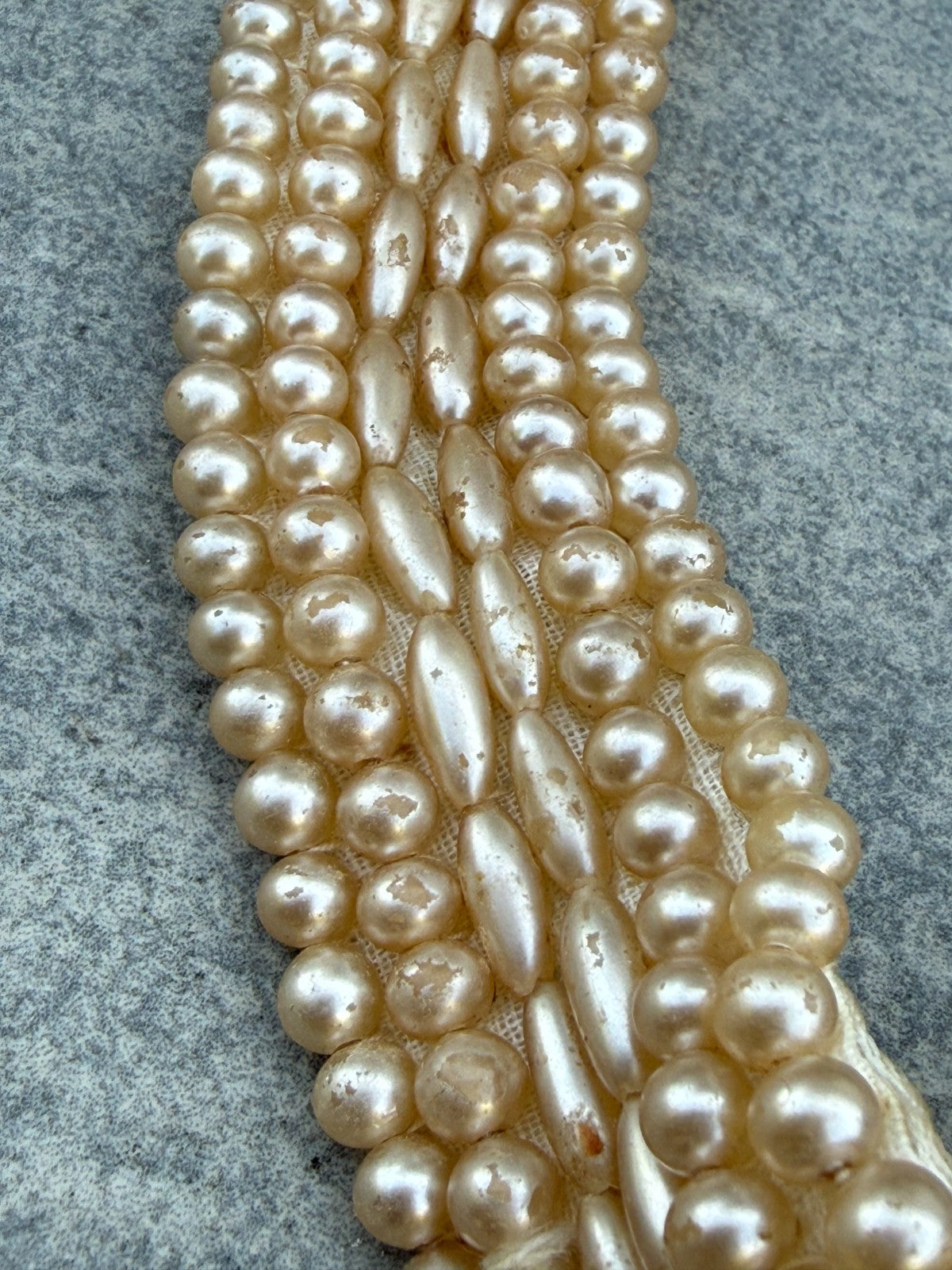 Vintage Cream Faux Pearl Flapper Necklace Collar Bib Style Fabric Mid Century