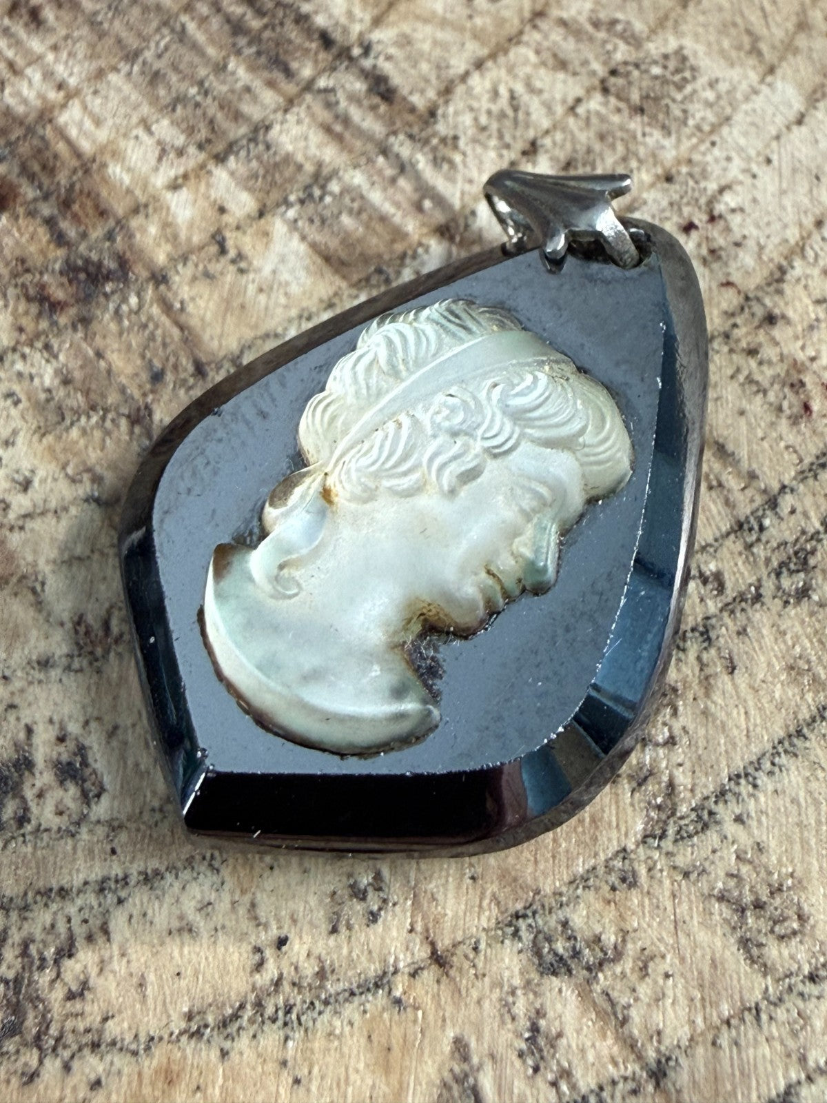 Vintage Hematite Glass Cameo Pendant Classical Female Portrait Silver Tone